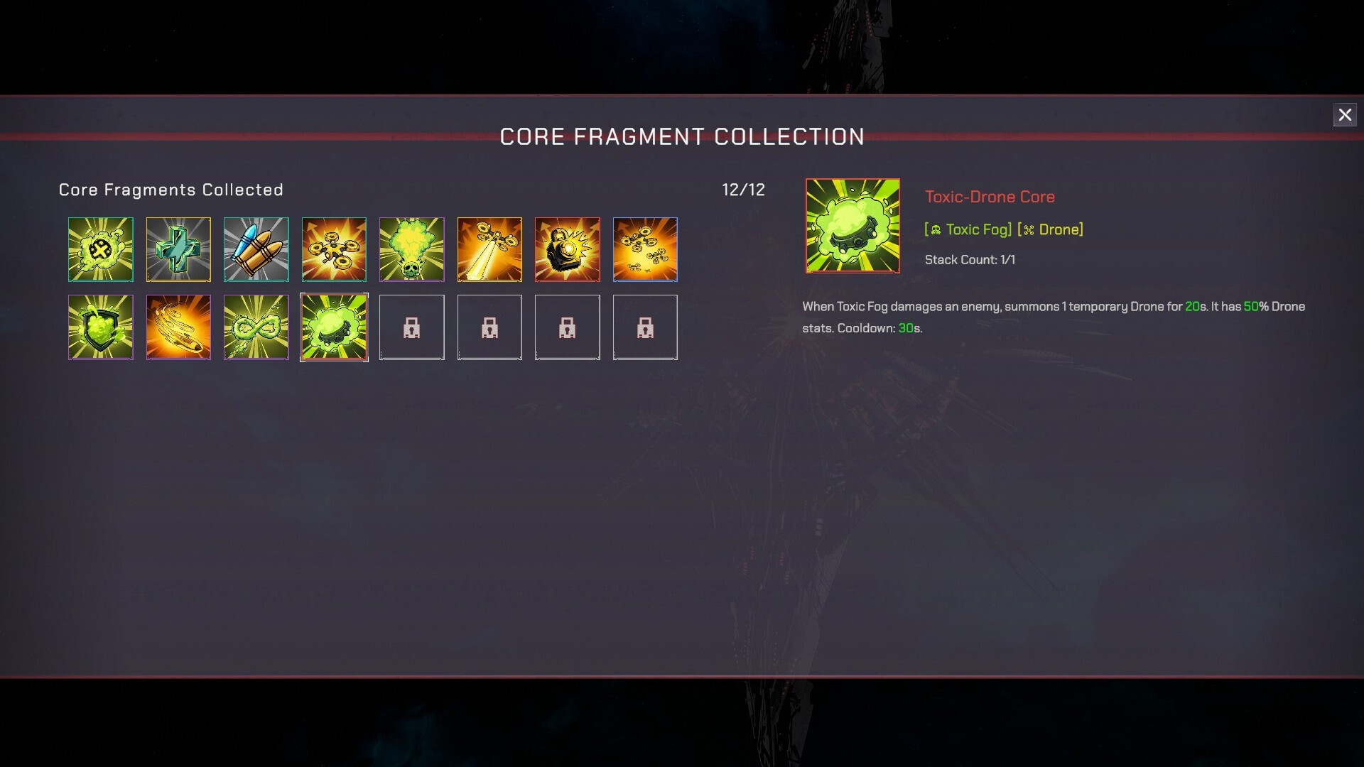 Core Fragment Collection showing twelve collected fragments