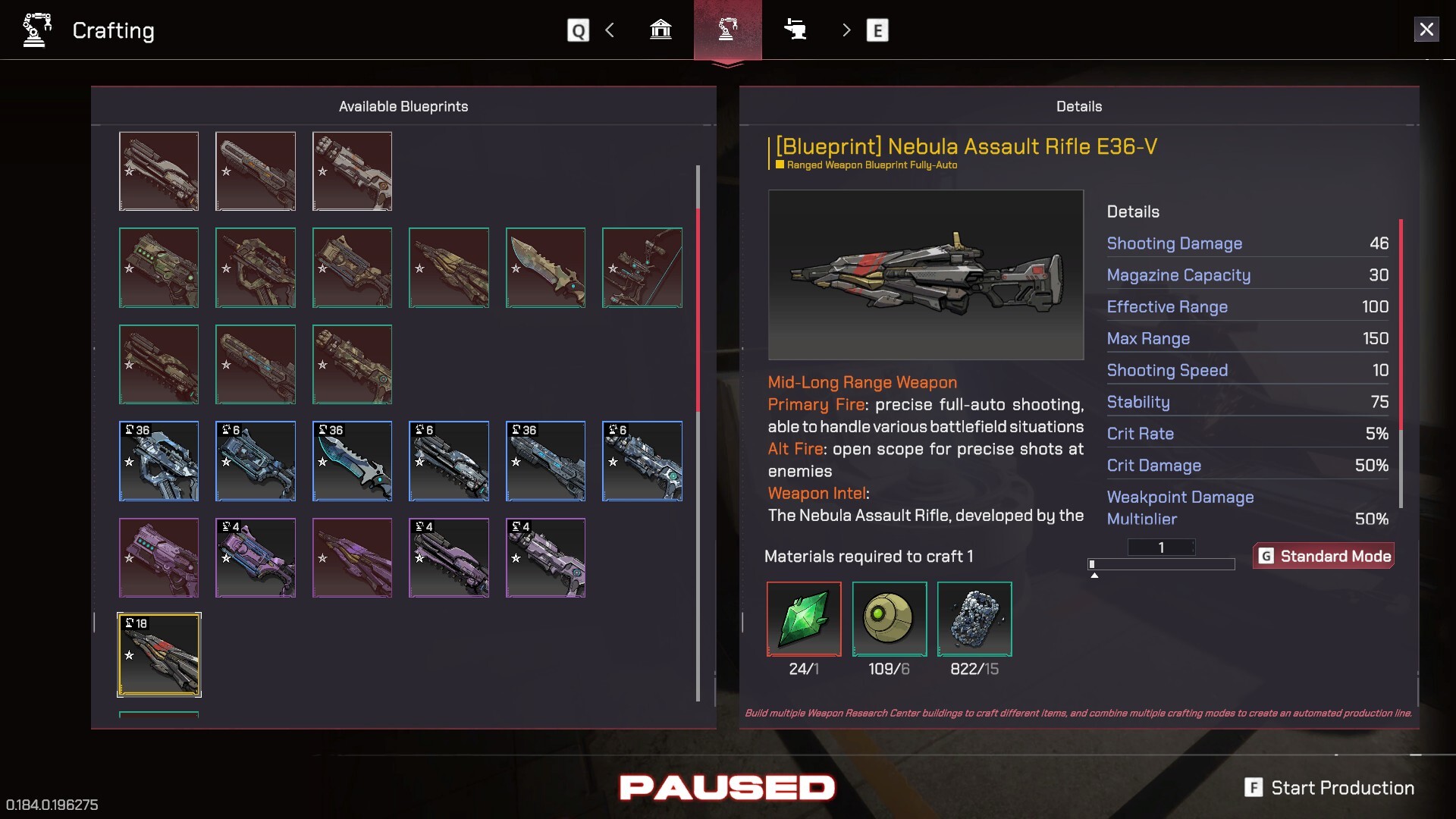 Crafting screen for the Nebula Assault Rifle E36-V